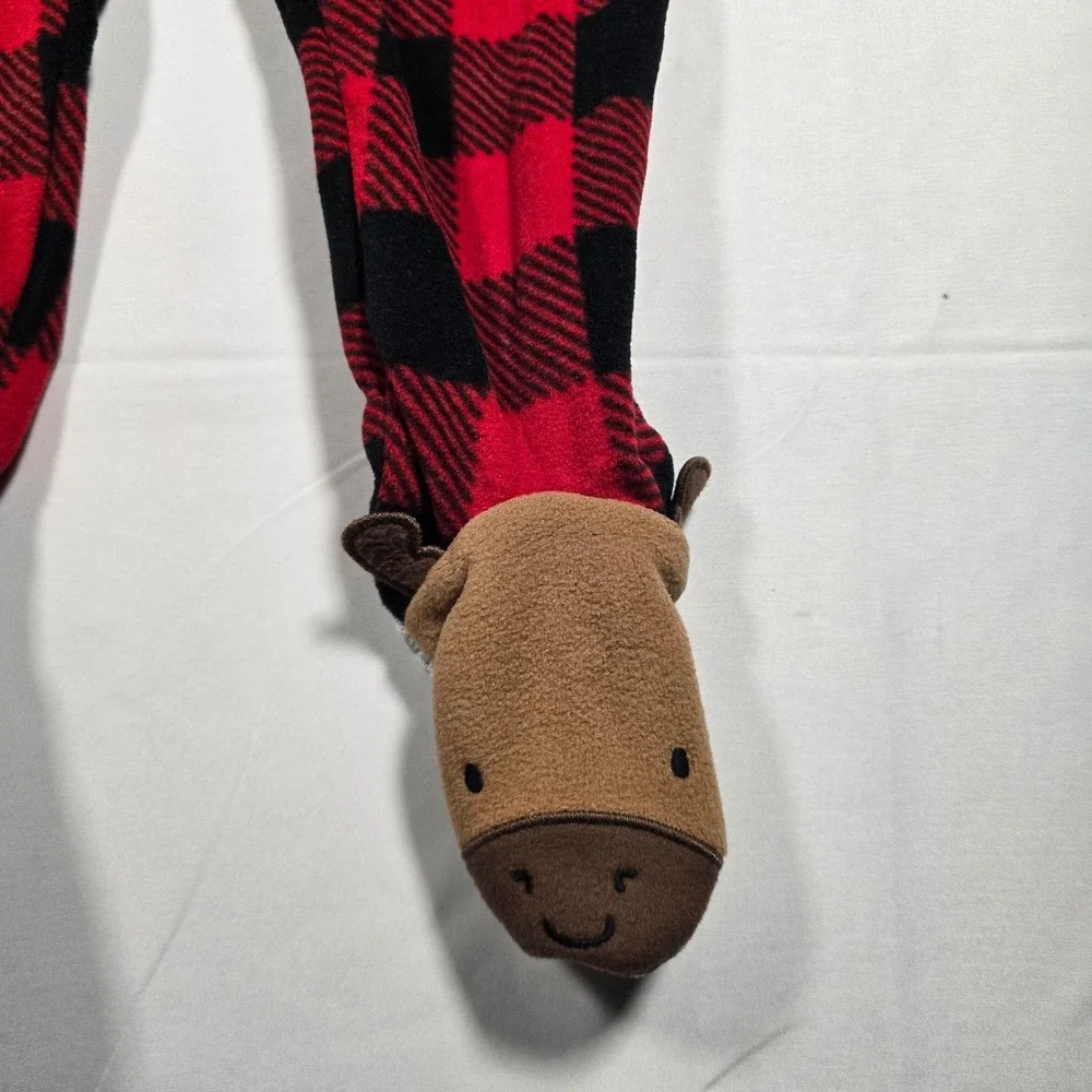 Carters Baby 12M Buffalo Plaid Fleece Footed Pajamas Moose Feet Red Black NWT